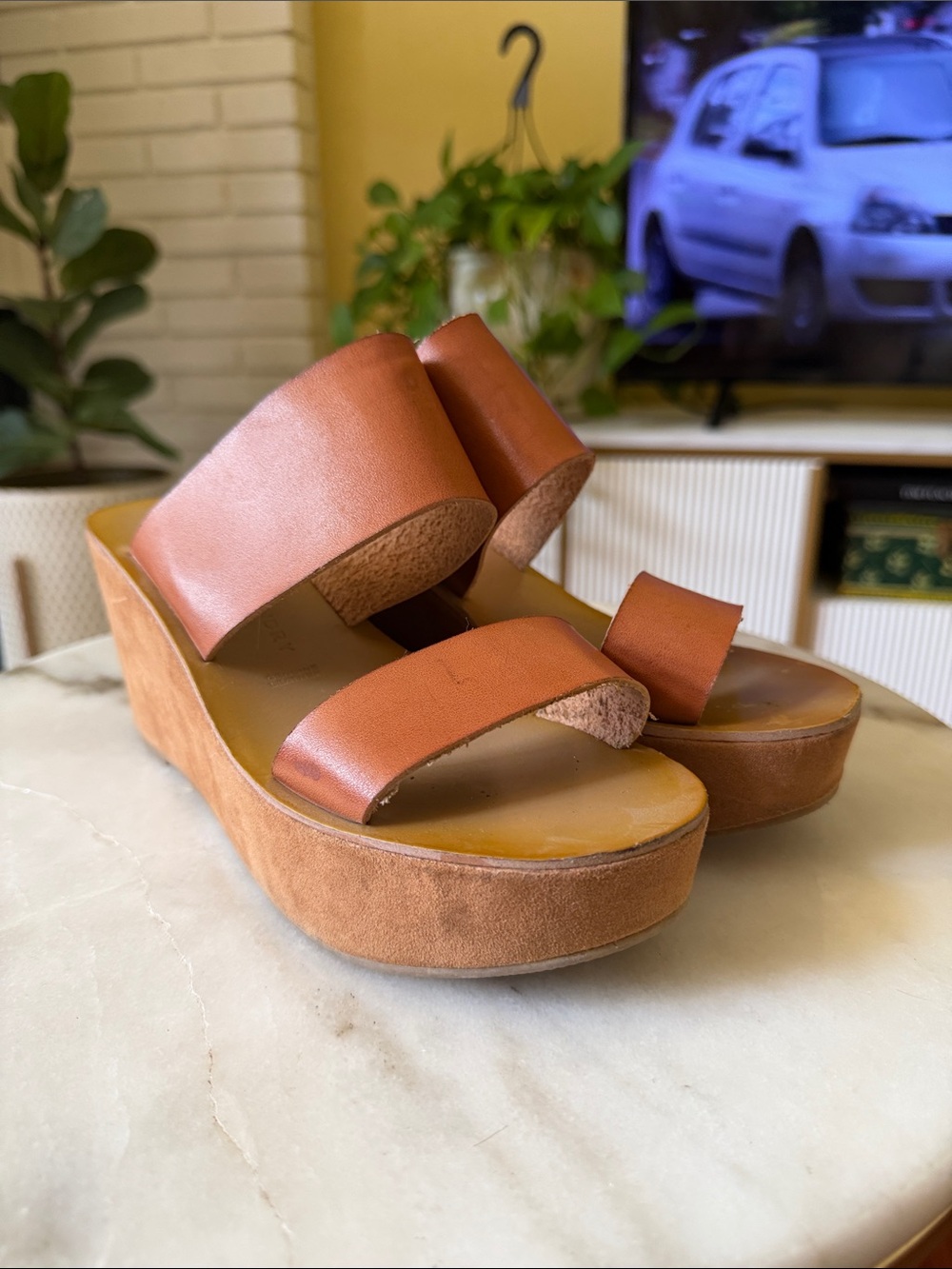 Genuine leather Women's Tan Leather Platform Slide Sandals